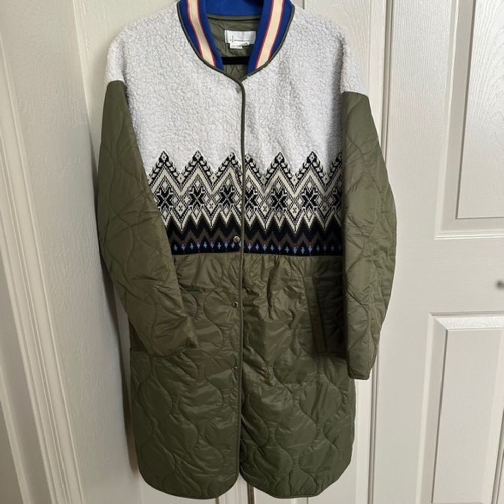 Anthropologie Tierney Fair Isle Mixed Media Quilted Coat Green Large - Picture 2 of 10